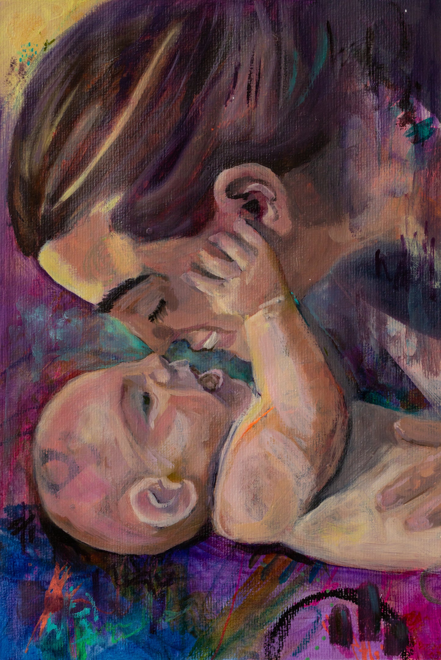 Colorful painting of a close-up of a woman and child interacting. Child is touching the mother's face and gazing at her. Mother is smiling at her baby.